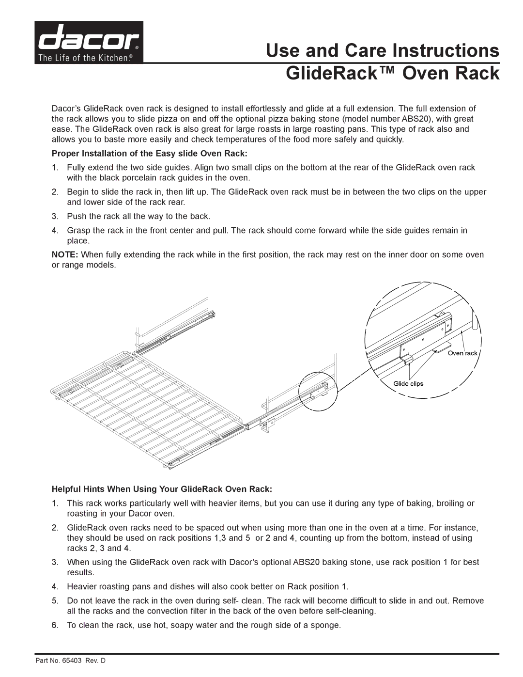 Dacor manual Use and Care Instructions GlideRack Oven Rack, Proper Installation of the Easy slide Oven Rack 