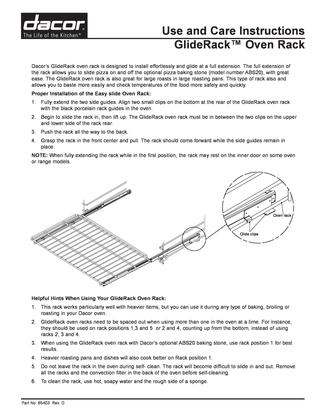 Dacor manual Use and Care Instructions GlideRack Oven Rack, Proper Installation of the Easy slide Oven Rack 