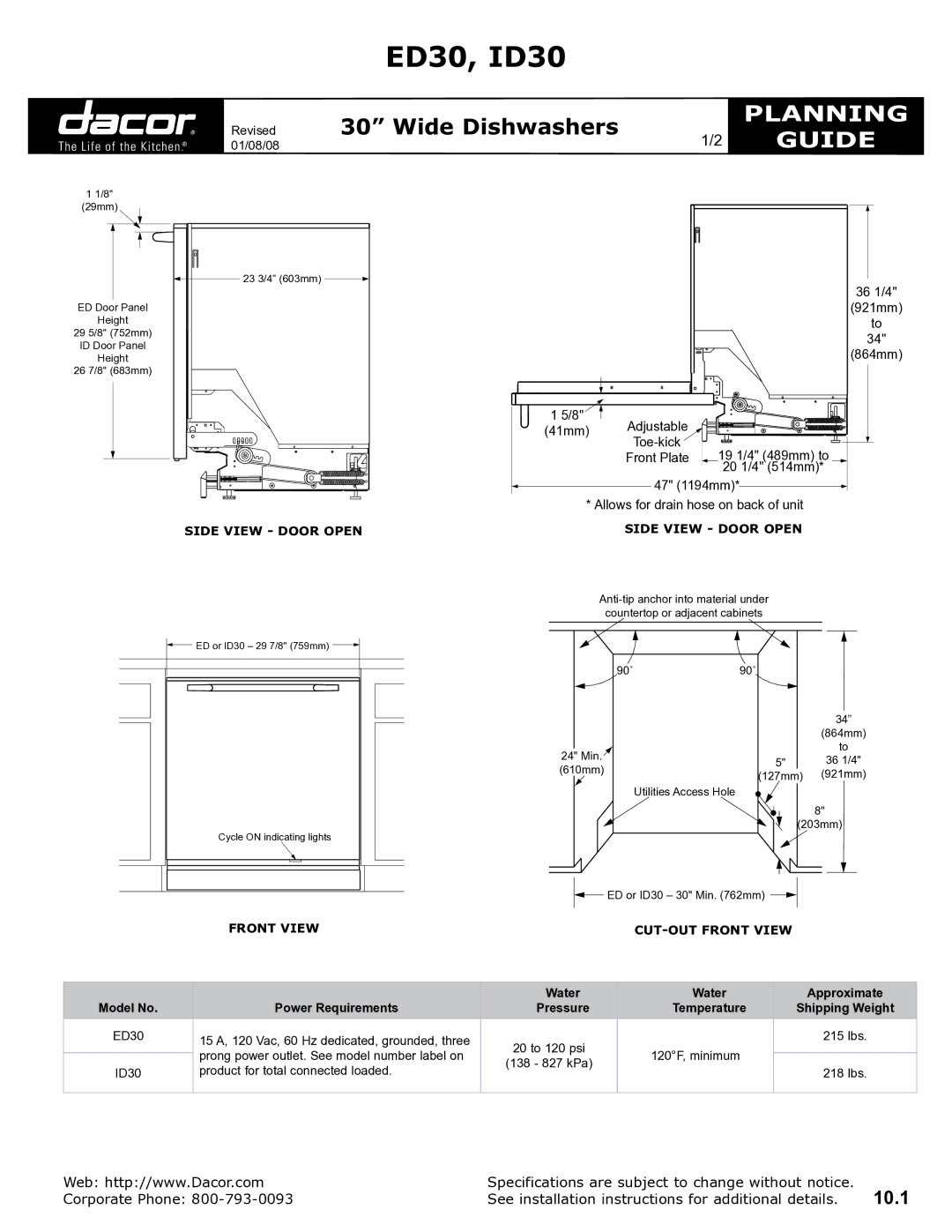 Dacor specifications ED30, ID30, Planning, Guide, Side View Door Open, Front View Cut-Out Front View 