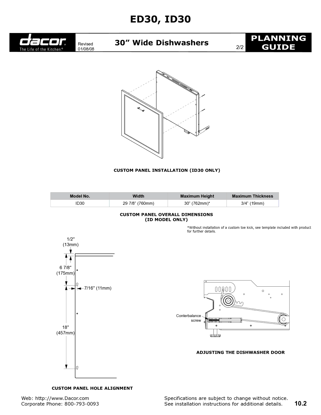 Dacor ID30, ED30 specifications 13mm, 16 11mm, 457mm 