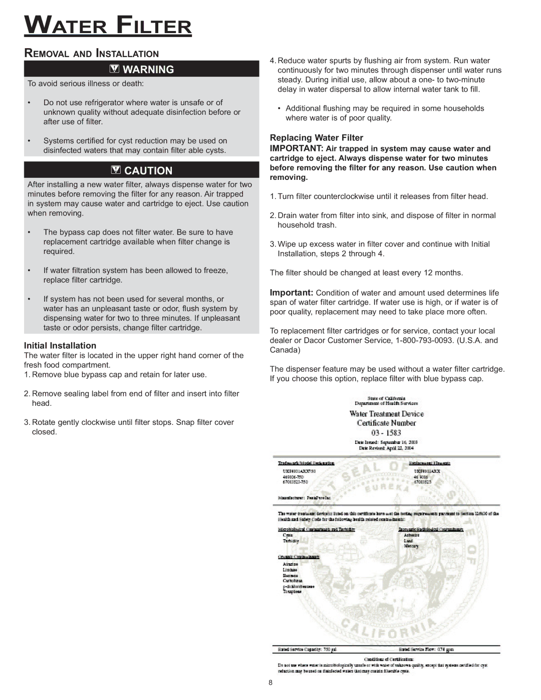 Dacor IF36, EF36 important safety instructions Removal and Installation, Initial Installation, Replacing Water Filter 