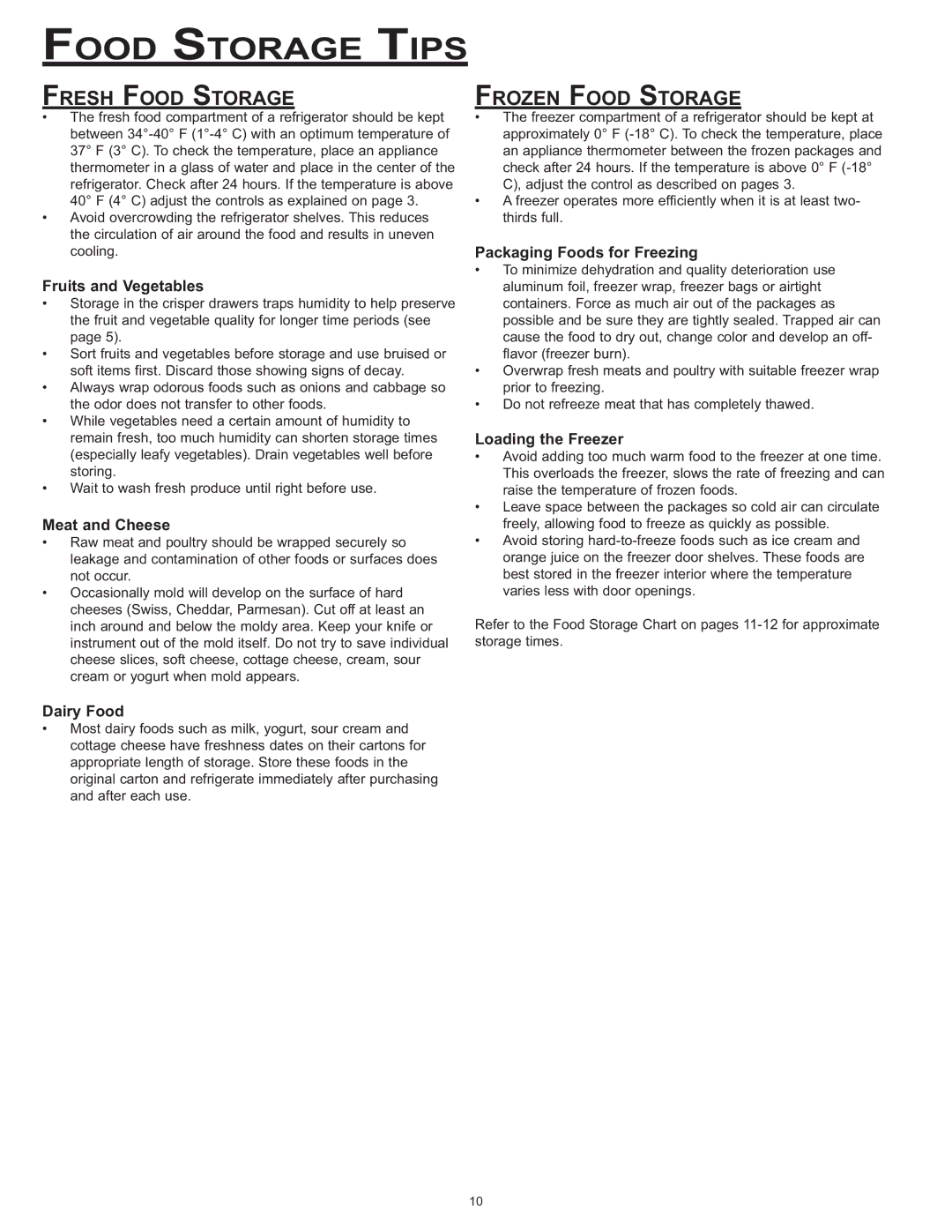 Dacor IF36, EF36 important safety instructions Food Storage Tips, Fresh Food Storage, Frozen Food Storage 