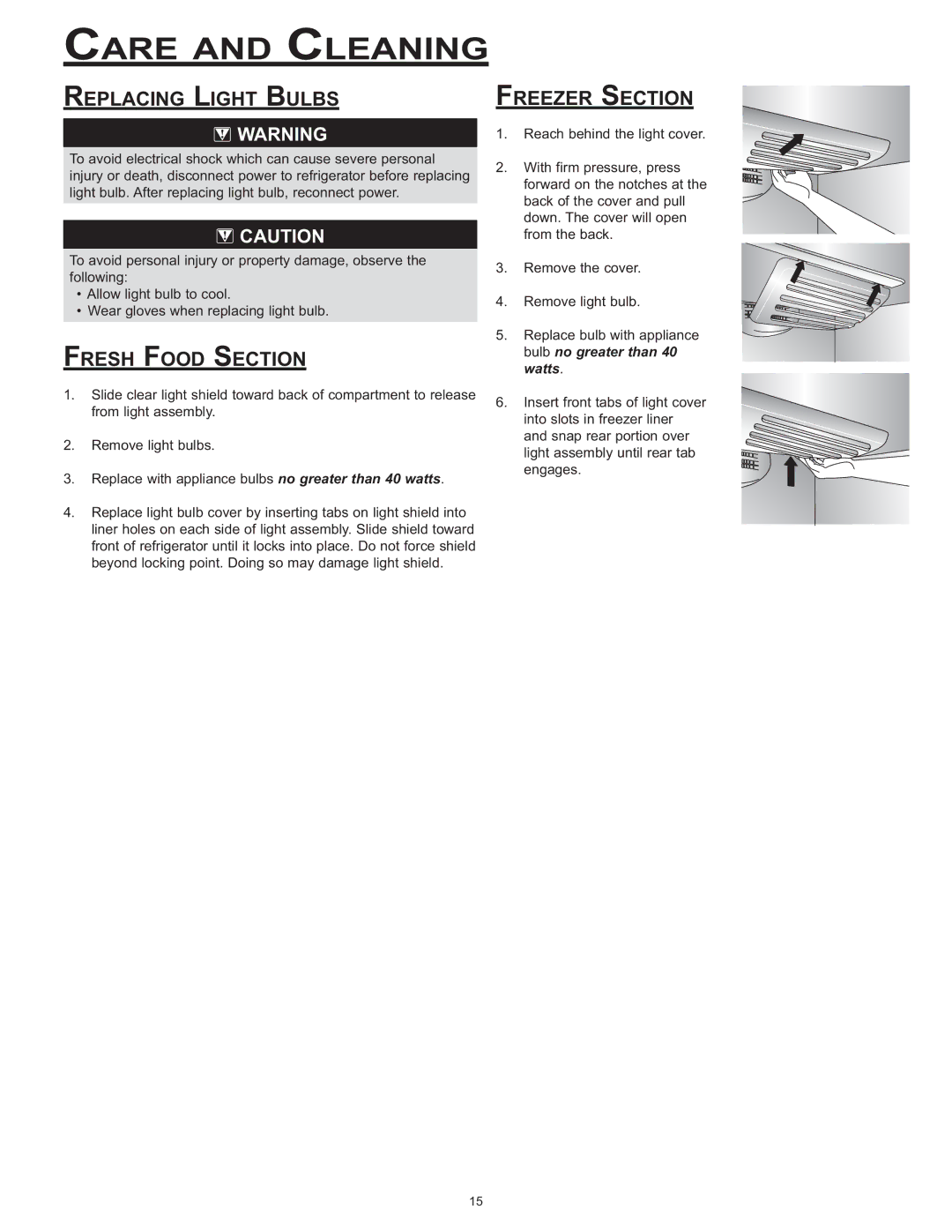 Dacor EF36, IF36 important safety instructions Replacing Light Bulbs, Fresh Food Section, Freezer Section 