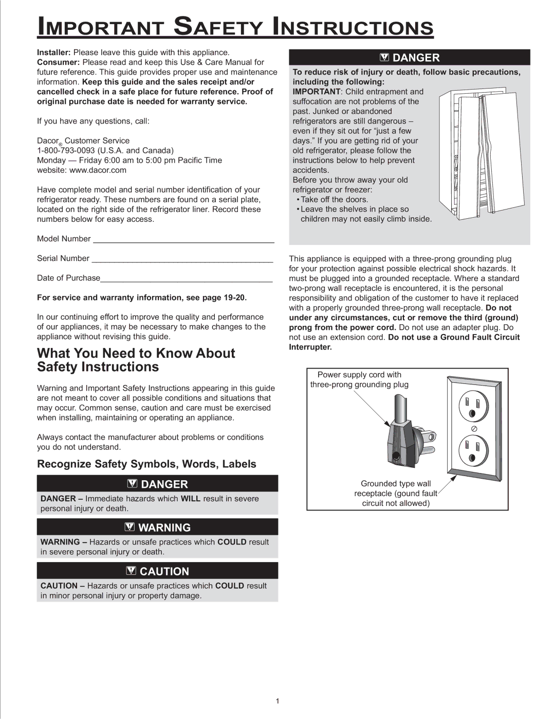 Dacor EF36, IF36 Important Safety Instructions, Recognize Safety Symbols, Words, Labels, Interrupter 