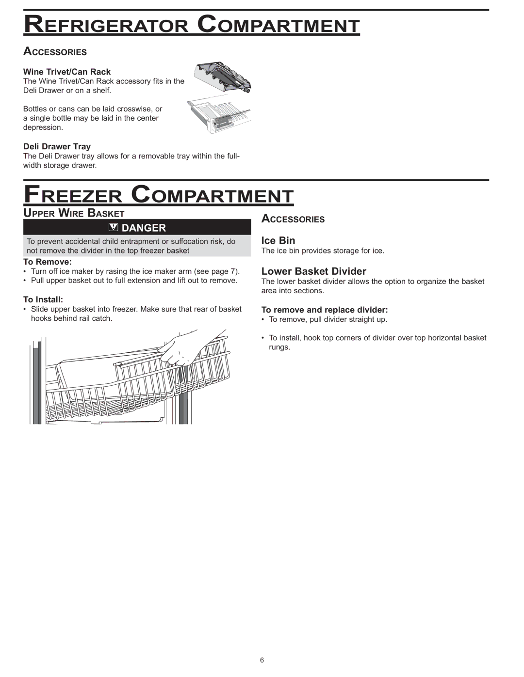 Dacor IF36, EF36 Freezer Compartment, Ice Bin, Lower Basket Divider, Upper Wire Basket Accessories 