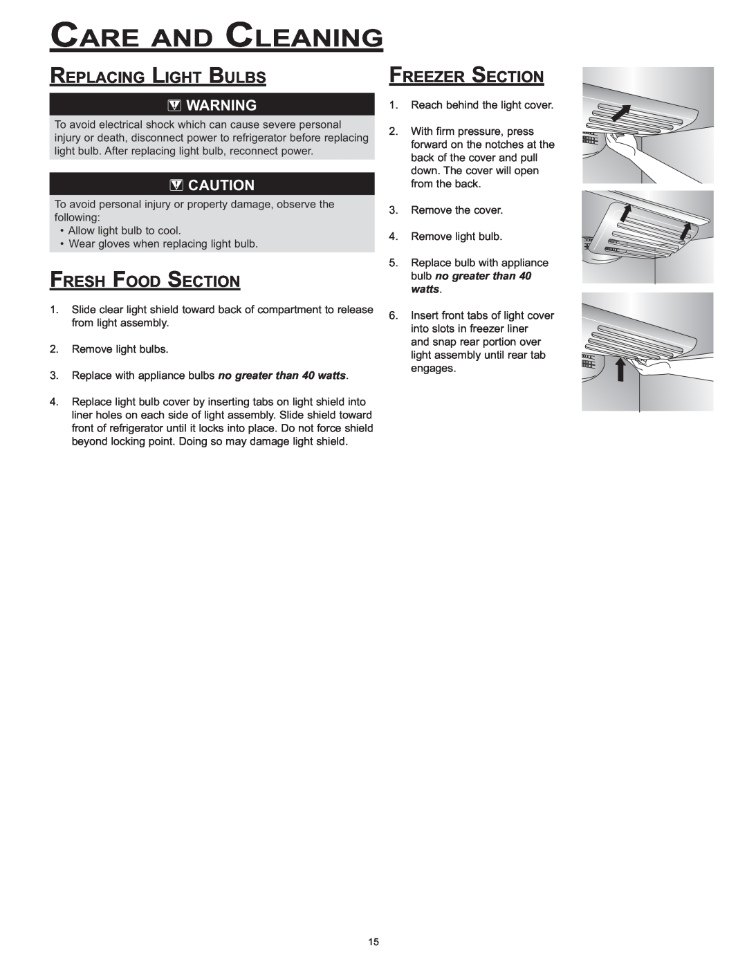 Dacor EF36, IF36 important safety instructions Replacing Light Bulbs, Fresh Food Section, Freezer Section, Care And Cleaning 