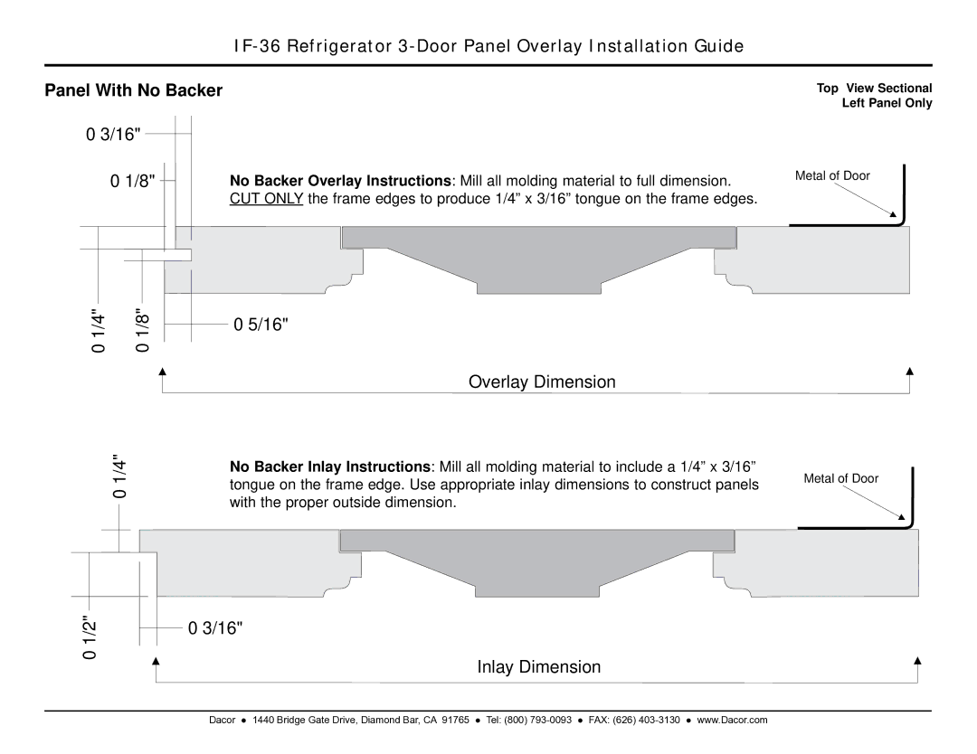 Dacor IF36 Series dimensions Panel With No Backer, 16 0 1/8 