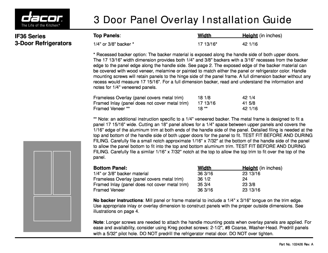 Dacor dimensions IF36 Series 3-DoorRefrigerators, Door Panel Overlay Installation Guide, Top Panels, Width, 17 13/16 