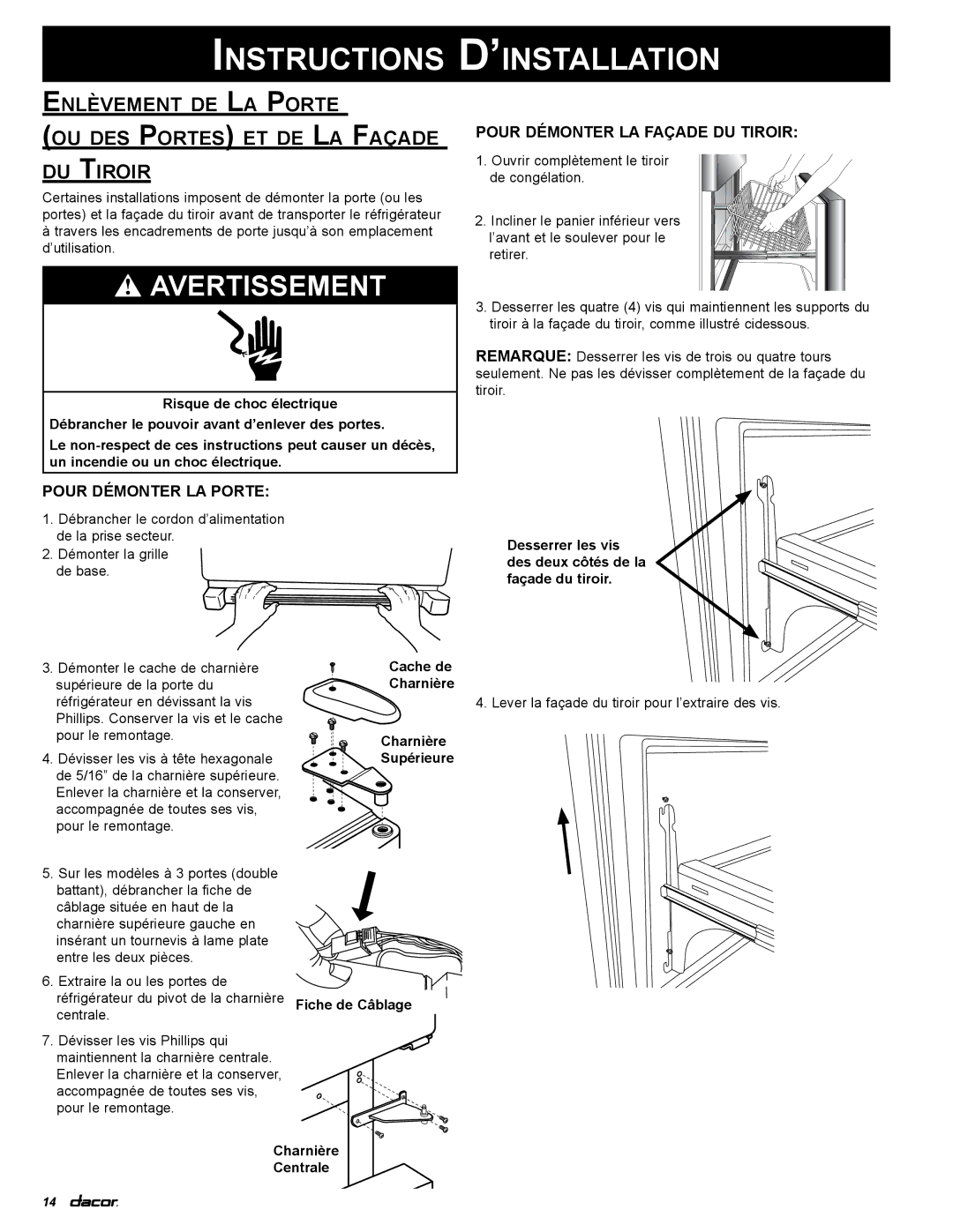 Dacor EF36RNF, IF36BNDF, EF36LNF, PF36BNDF, EF36BNF installation instructions Instructions D’installation, Charnière Centrale 