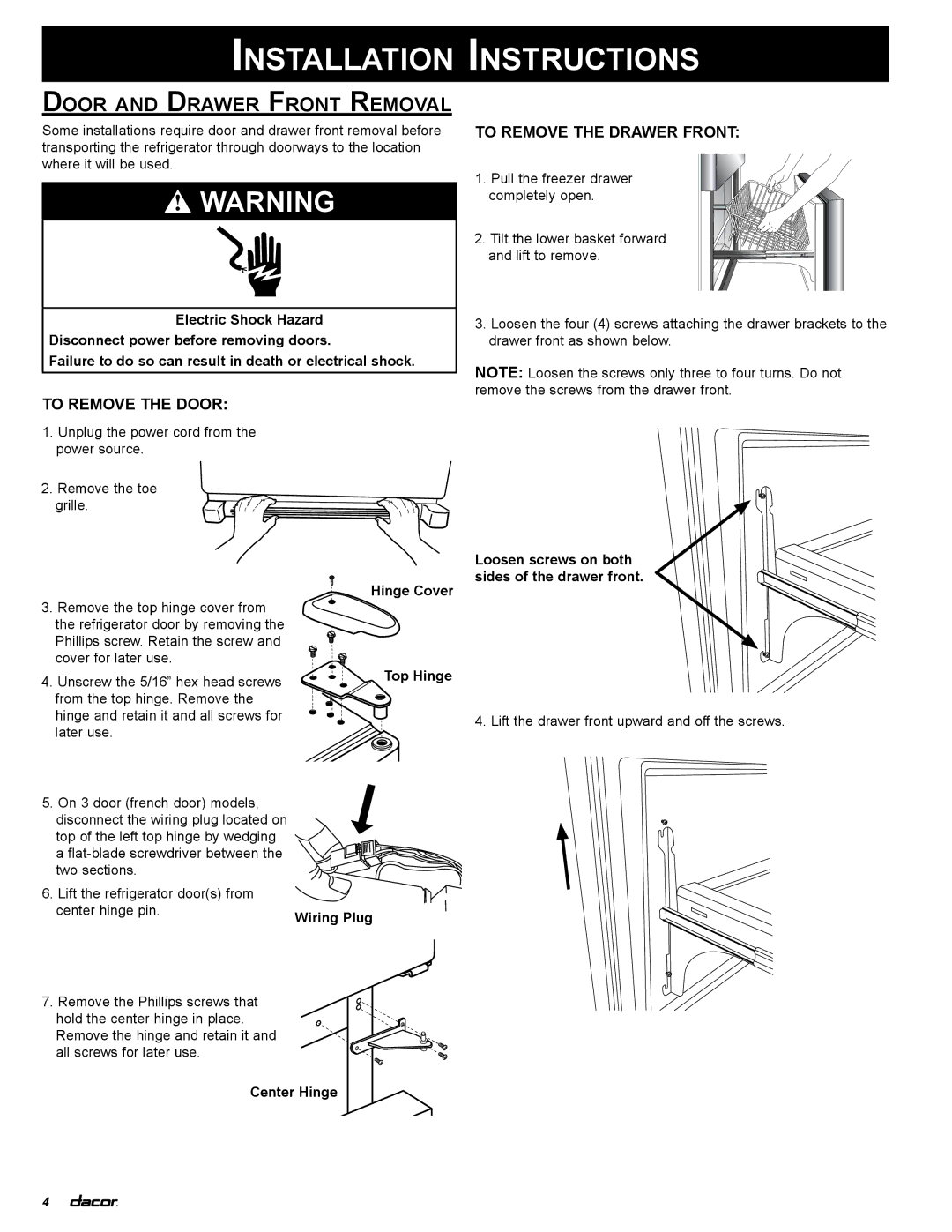 Dacor EF36RNF, IF36BNDF, EF36LNF, PF36BNDF, EF36BNF Installation Instructions, Door and Drawer Front Removal 