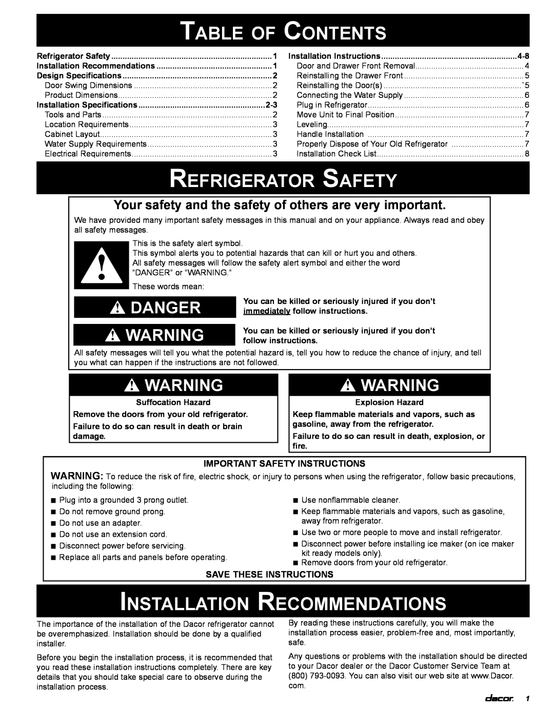 Dacor PF36BNDF Table of Contents, Refrigerator Safety, Installation Recommendations, Danger, IMPORTANT SAFETY instructions 