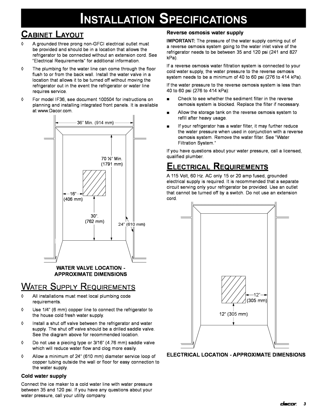 Dacor IF36BNDF Cabinet Layout, Electrical Requirements, Water valve Location Approximate Dimensions, Cold water supply 