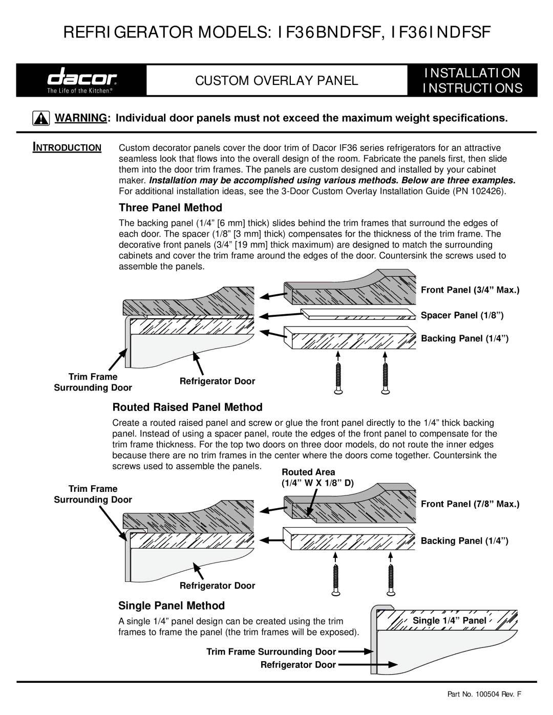 Dacor IF36INDFSF, IF36BNDFSF installation instructions Three Panel Method, Routed Raised Panel Method, Single Panel Method 