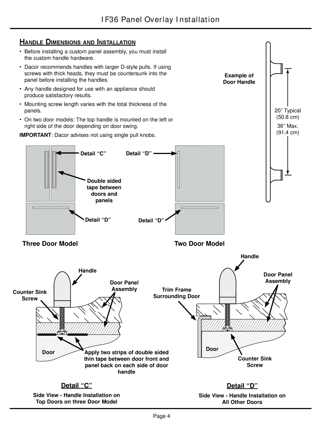 Dacor IF36BNDFSF, IF36INDFSF installation instructions Three Door Model, Detail C Detail D 