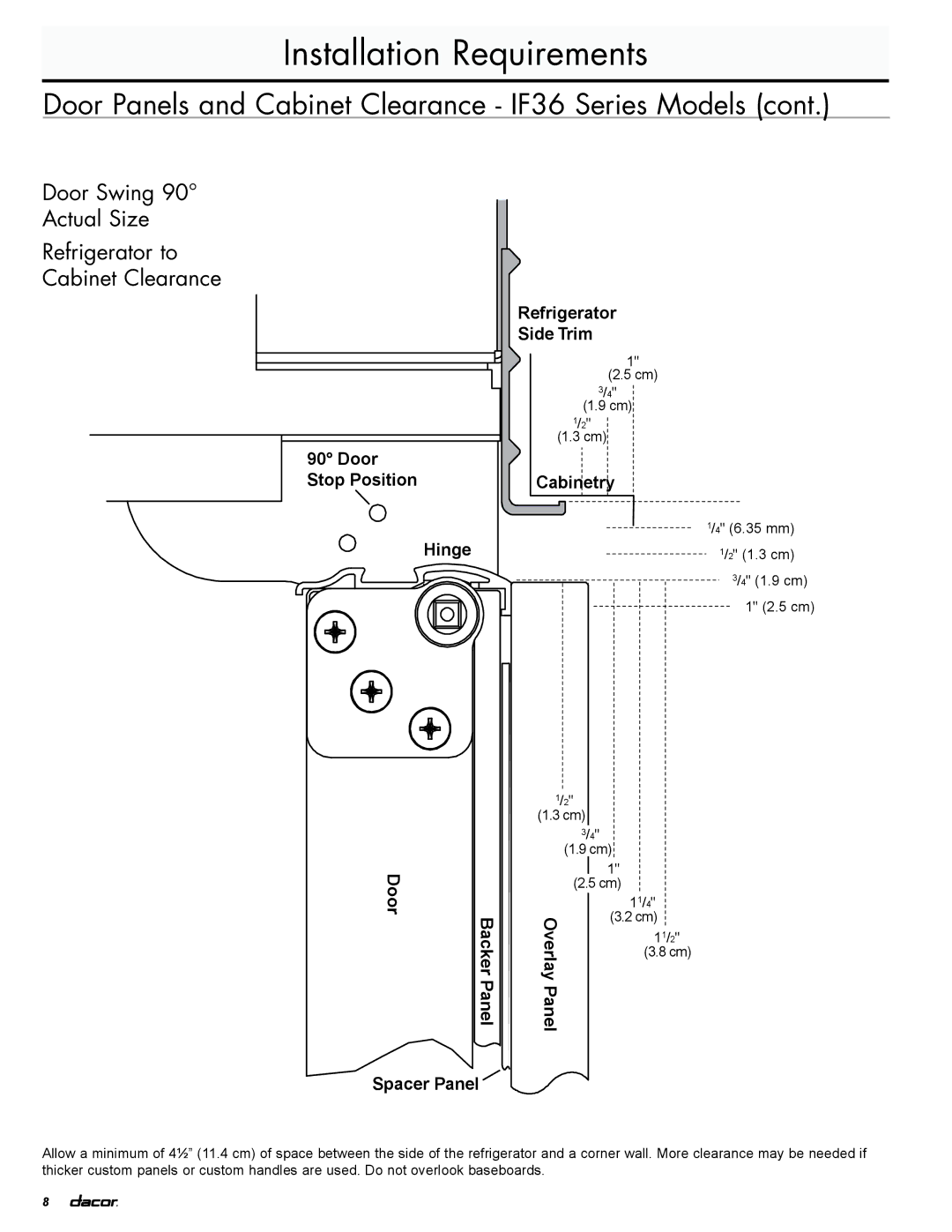 Dacor EF36RNBSS, IF36LNBOL, IF36RNBOL, EF36LNBSS manual Door Swing 90 Actual Size Refrigerator to Cabinet Clearance, Anel 