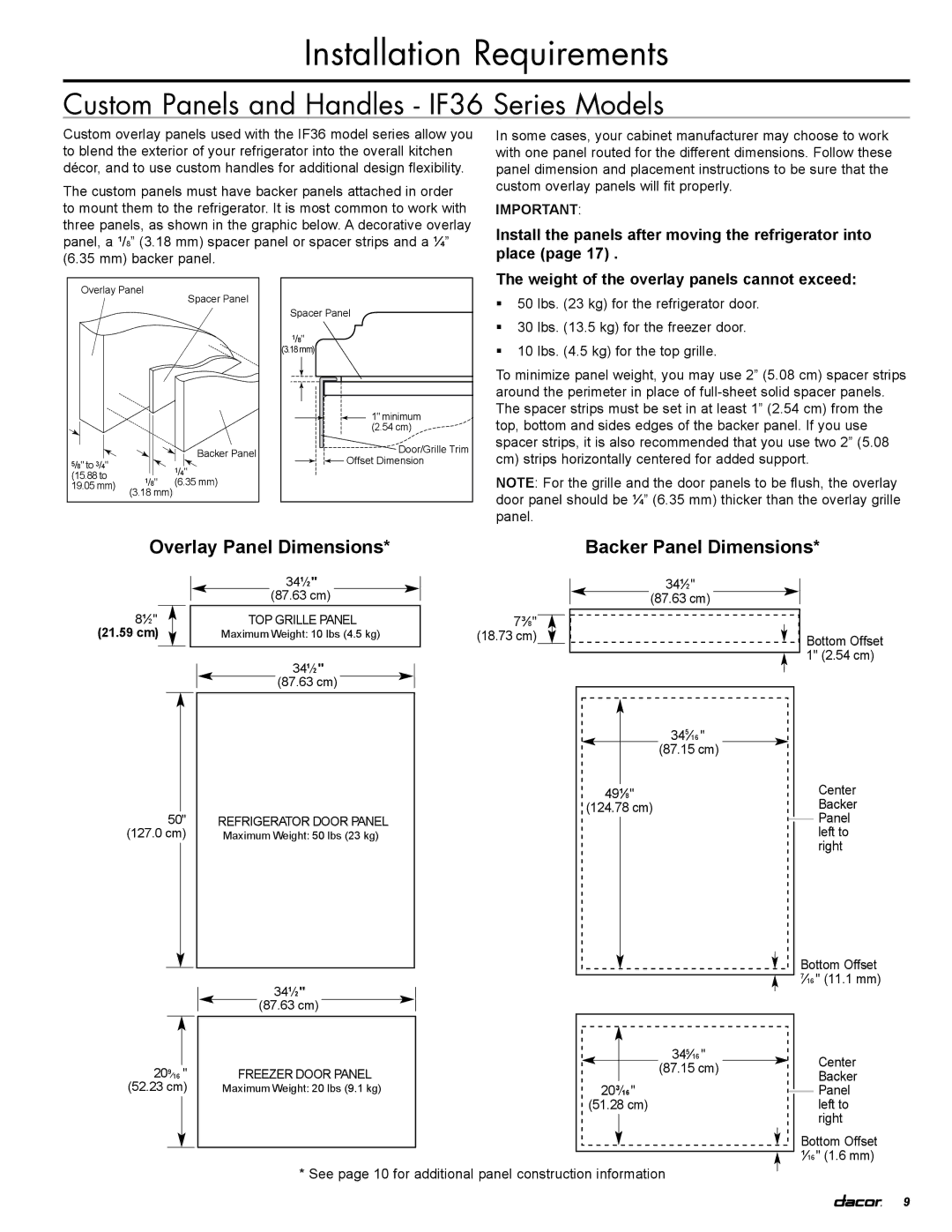 Dacor EF36LNBSS Custom Panels and Handles IF36 Series Models, Install the panels after moving the refrigerator into place 