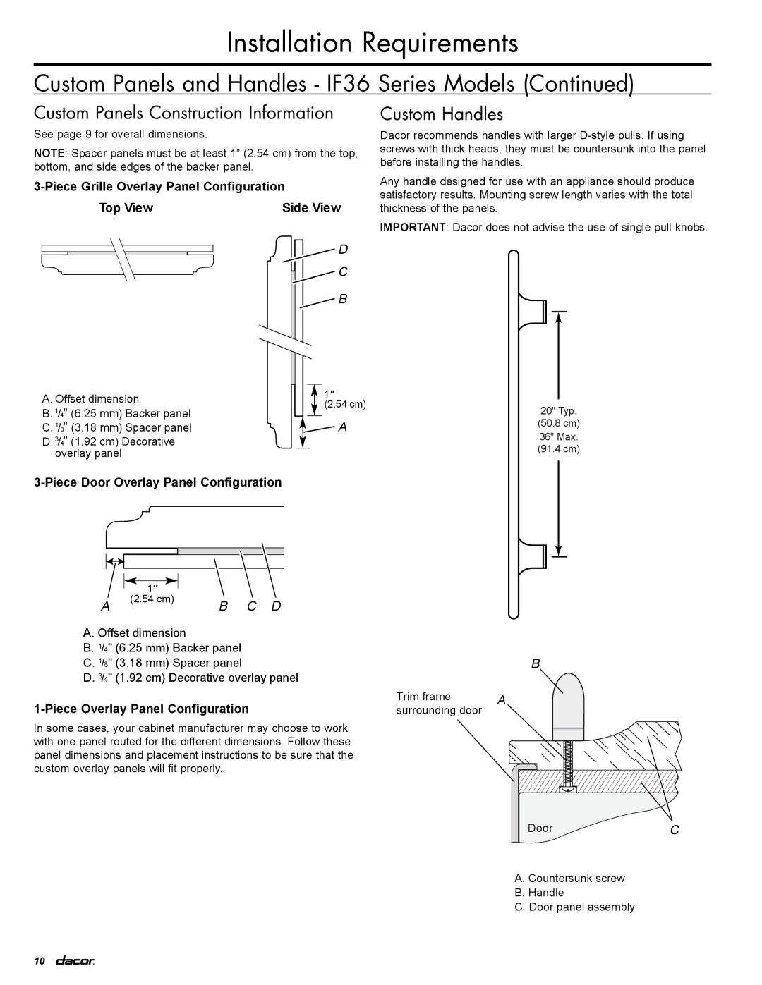 Dacor IF36LNBOL manual Custom Panels Construction Information, Custom Handles, Piece Grille Overlay Panel Configuration 