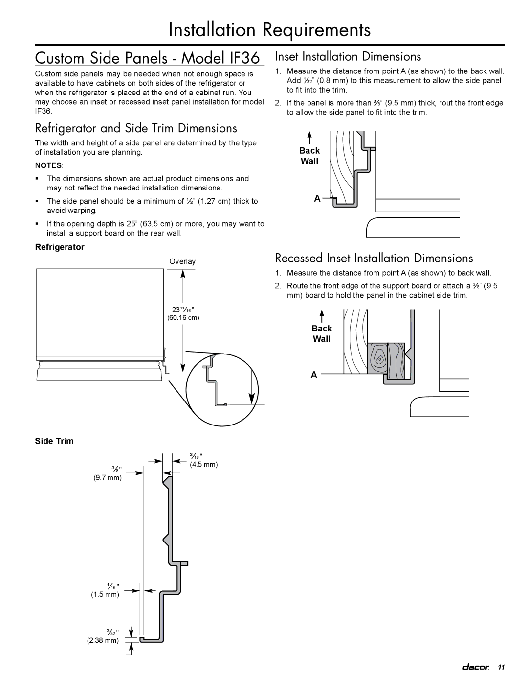 Dacor IF36RNBOL manual Custom Side Panels Model IF36, Refrigerator and Side Trim Dimensions, Inset Installation Dimensions 