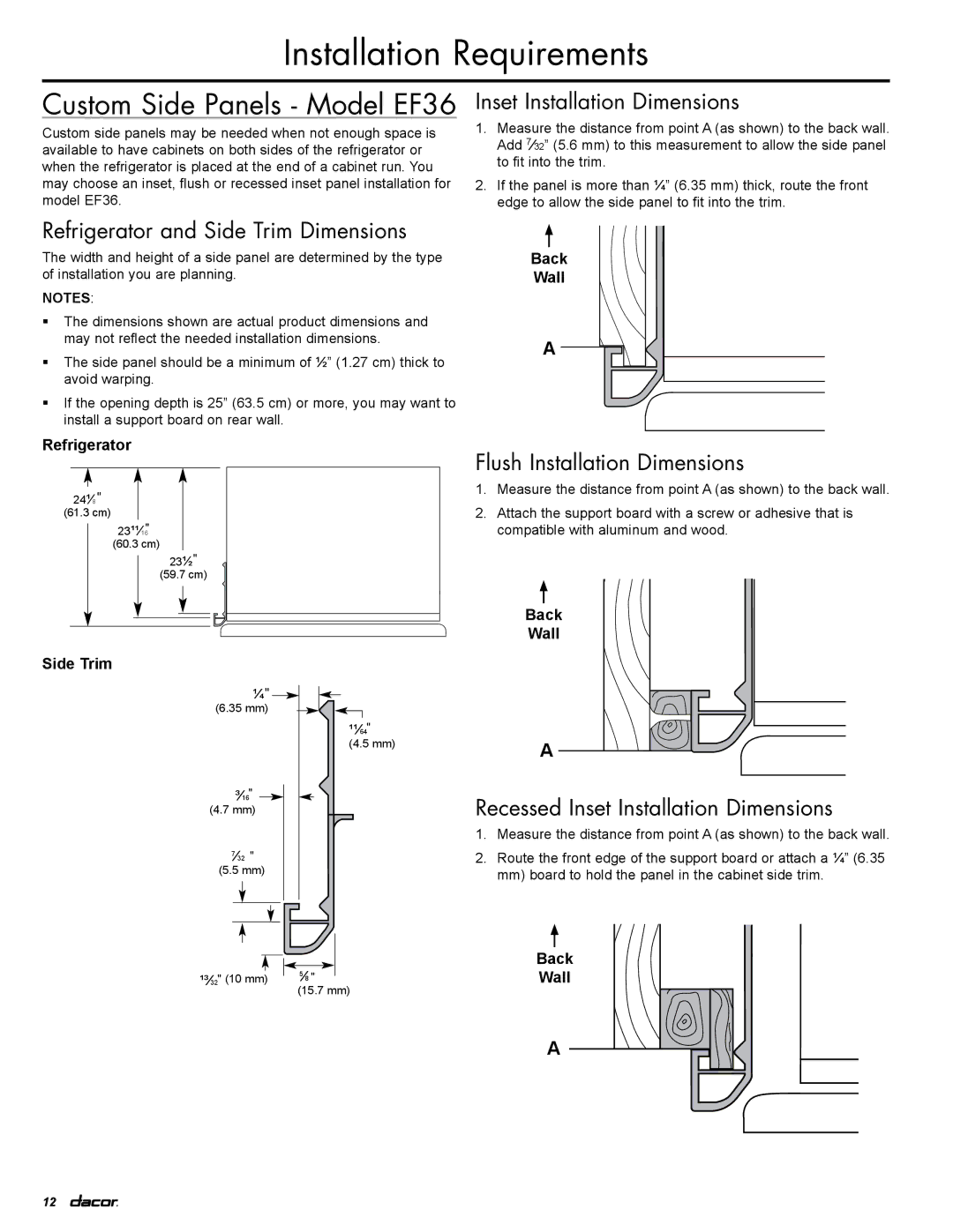 Dacor EF36RNBSS, IF36LNBOL, IF36RNBOL Custom Side Panels Model EF36, Flush Installation Dimensions, Back Wall Refrigerator 