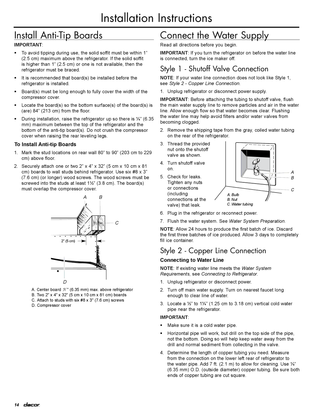 Dacor IF36LNBOL, IF36RNBOL, EF36RNBSS Install Anti-Tip Boards, Connect the Water Supply, Style 1 Shutoff Valve Connection 