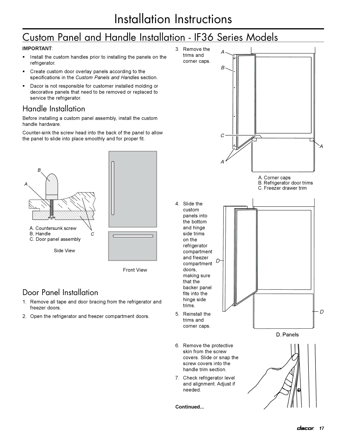 Dacor EF36LNBSS, IF36LNBOL, IF36RNBOL manual Custom Panel and Handle Installation IF36 Series Models, Door Panel Installation 