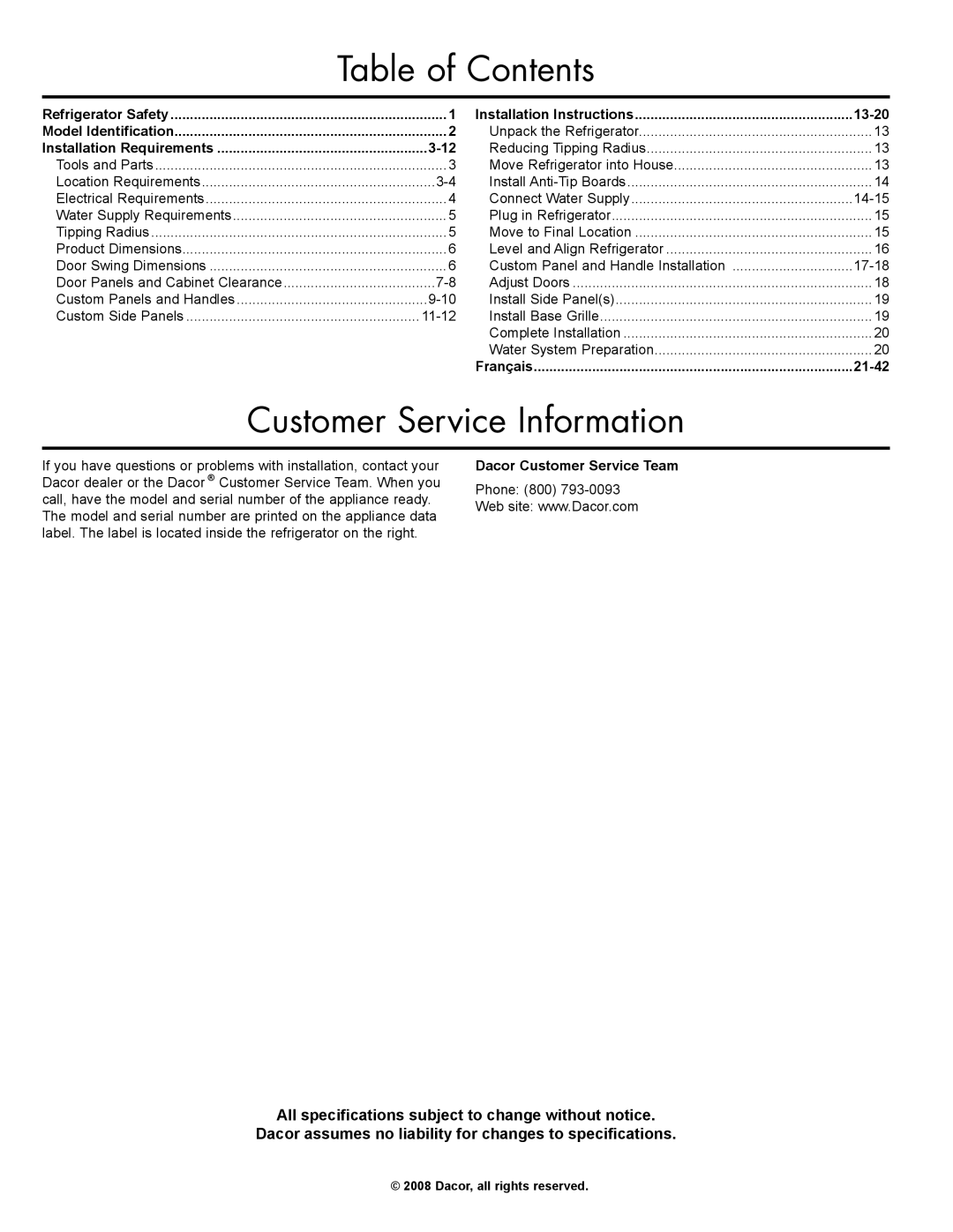 Dacor EF36RNBSS, IF36LNBOL, IF36RNBOL, EF36LNBSS manual Table of Contents, Customer Service Information 