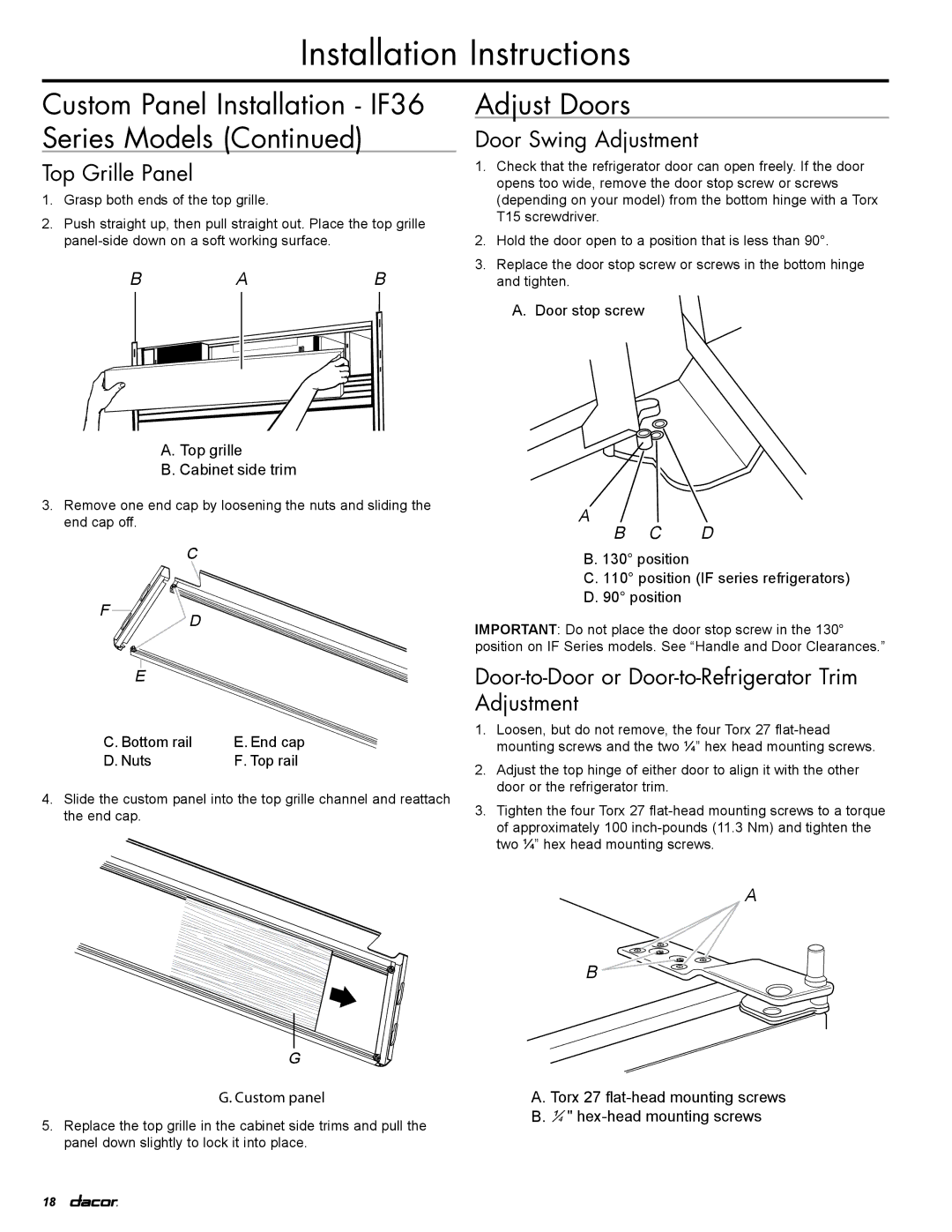 Dacor IF36LNBOL manual Adjust Doors, Custom Panel Installation IF36 Series Models, Top Grille Panel, Door Swing Adjustment 