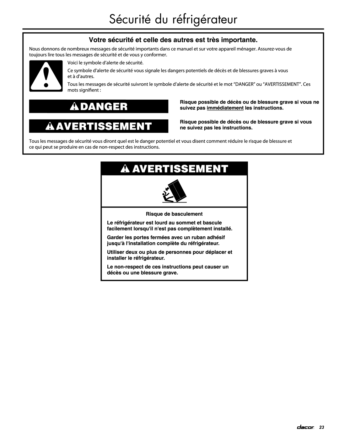 Dacor IF36RNBOL, IF36LNBOL, EF36RNBSS, EF36LNBSS manual Sécurité du réfrigérateur 