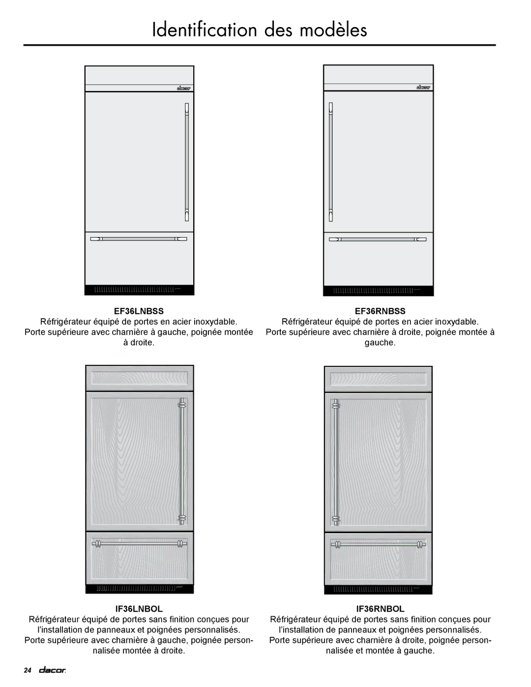 Dacor EF36RNBSS, IF36LNBOL, IF36RNBOL, EF36LNBSS manual Identification des modèles 