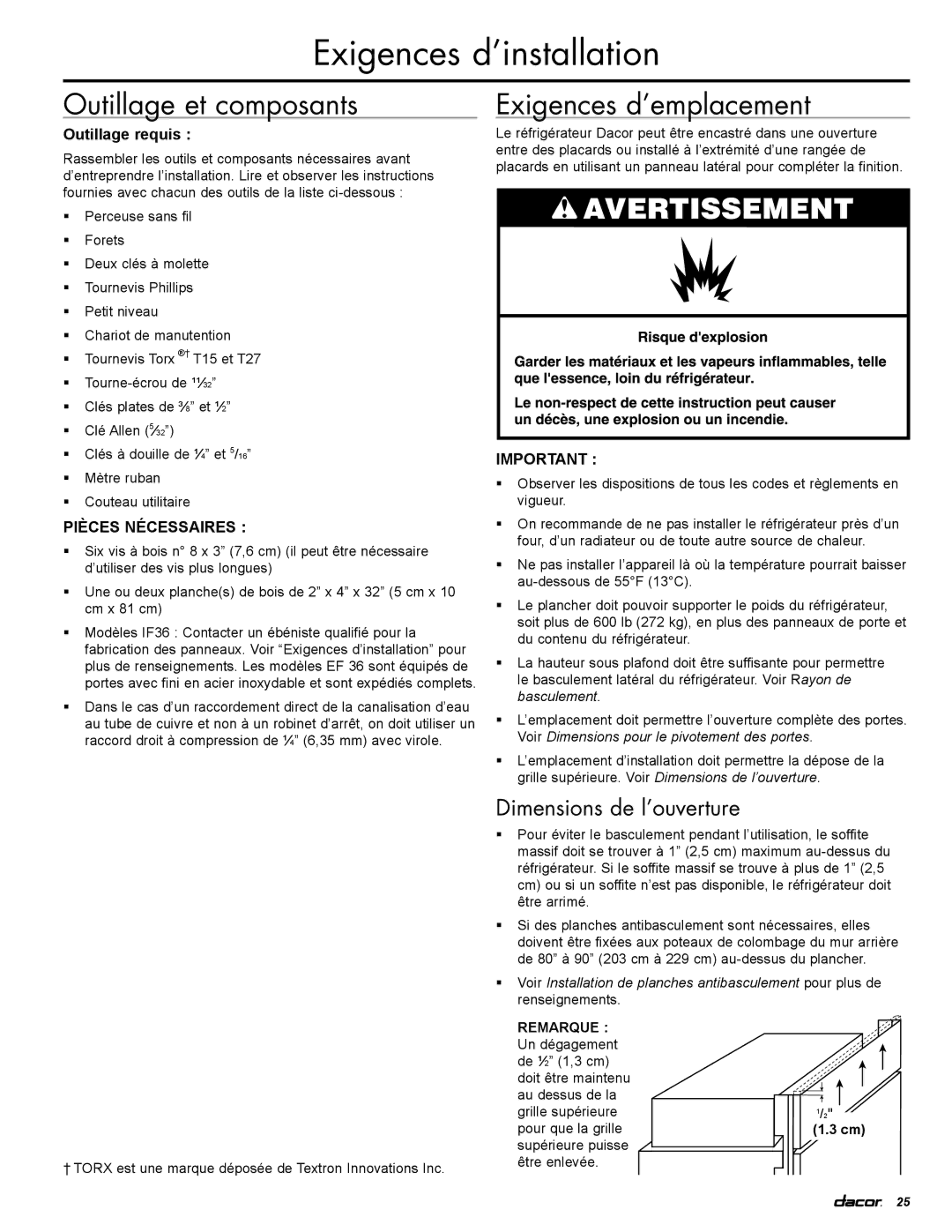 Dacor EF36LNBSS Exigences d’installation, Outillage et composants, Exigences d’emplacement, Dimensions de l’ouverture 