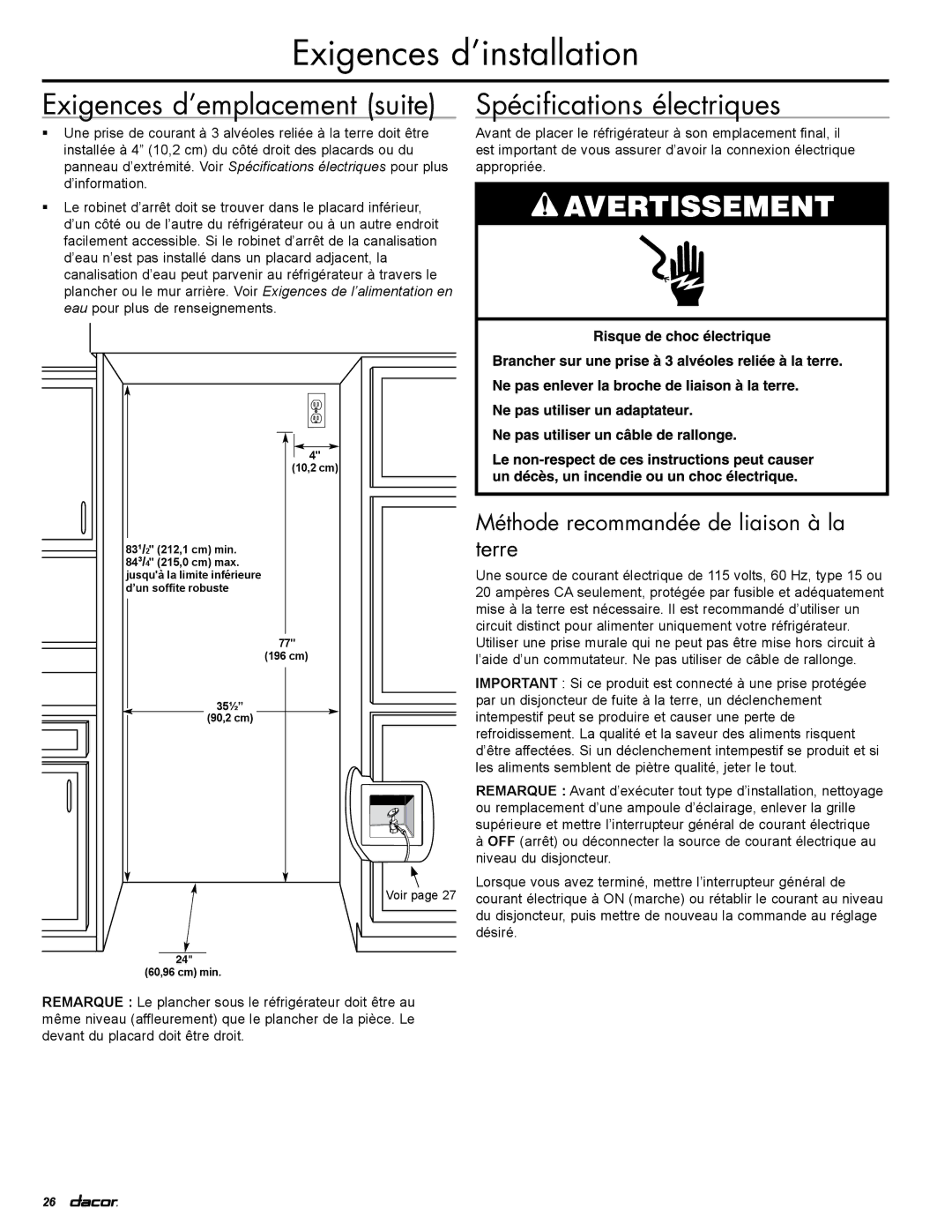 Dacor IF36LNBOL manual Exigences d’emplacement suite, Spécifications électriques, Méthode recommandée de liaison à la terre 