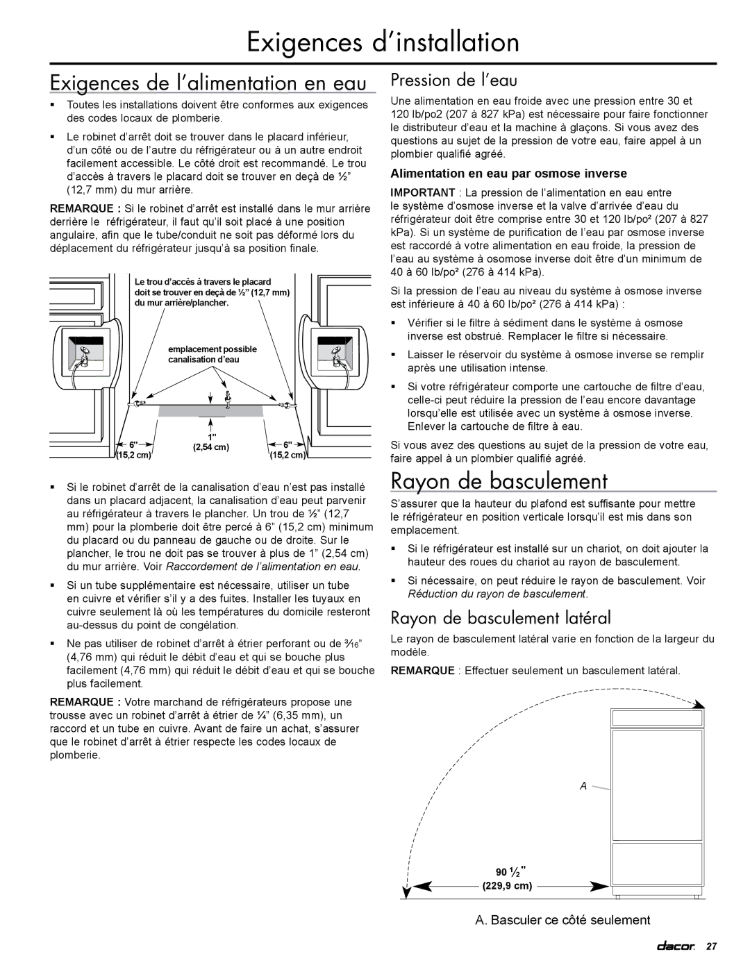 Dacor IF36RNBOL, IF36LNBOL manual Exigences de l’alimentation en eau, Pression de l’eau, Rayon de basculement latéral 