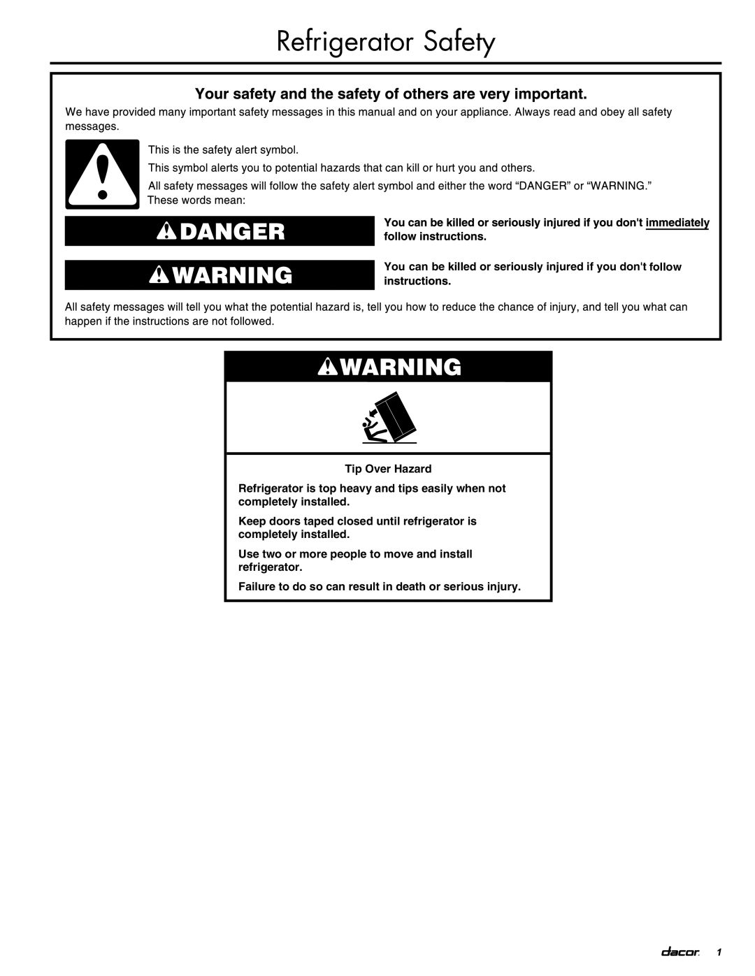 Dacor EF36LNBSS, IF36LNBOL, IF36RNBOL, EF36RNBSS manual Refrigerator Safety 