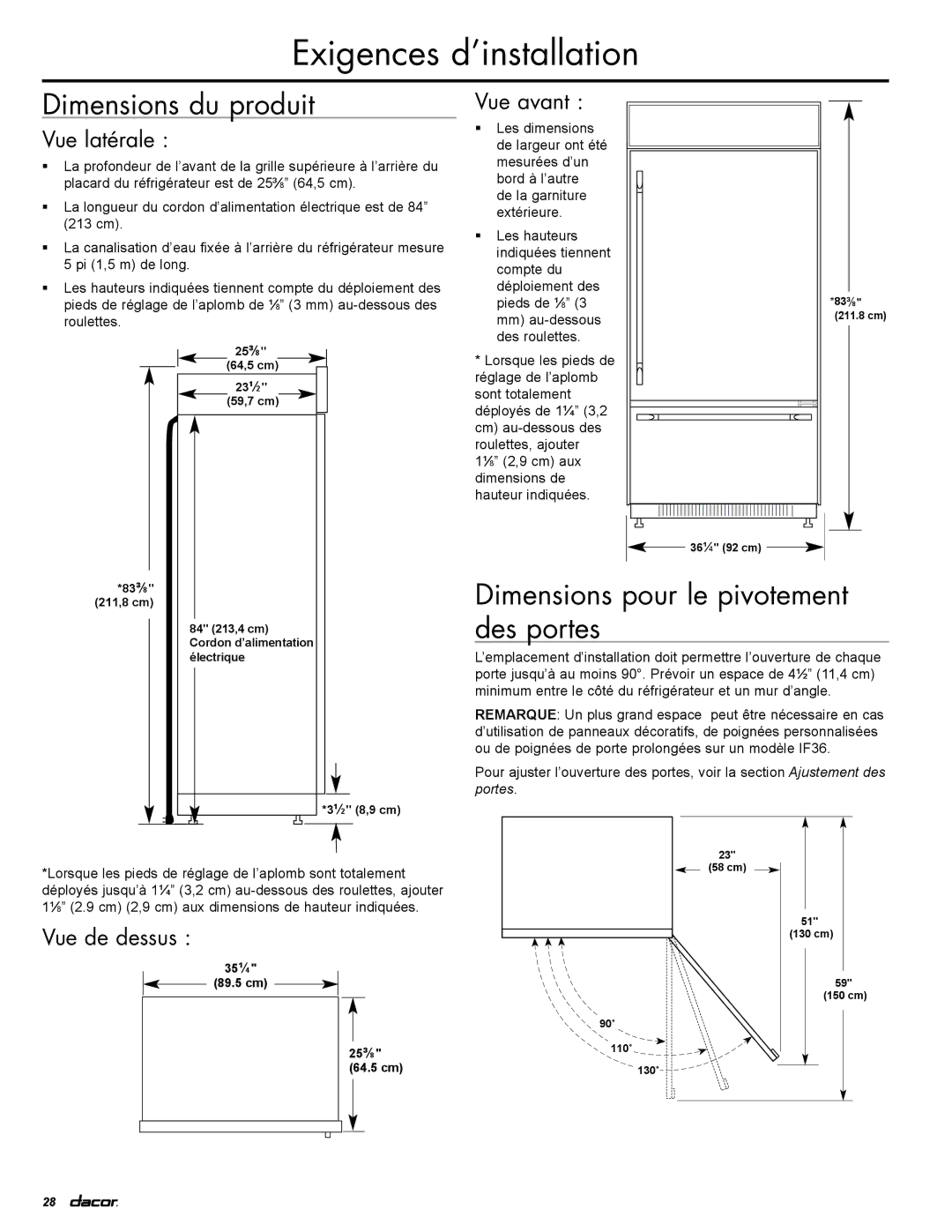 Dacor EF36RNBSS Dimensions du produit, Dimensions pour le pivotement des portes, Vue latérale, Vue avant, Vue de dessus 