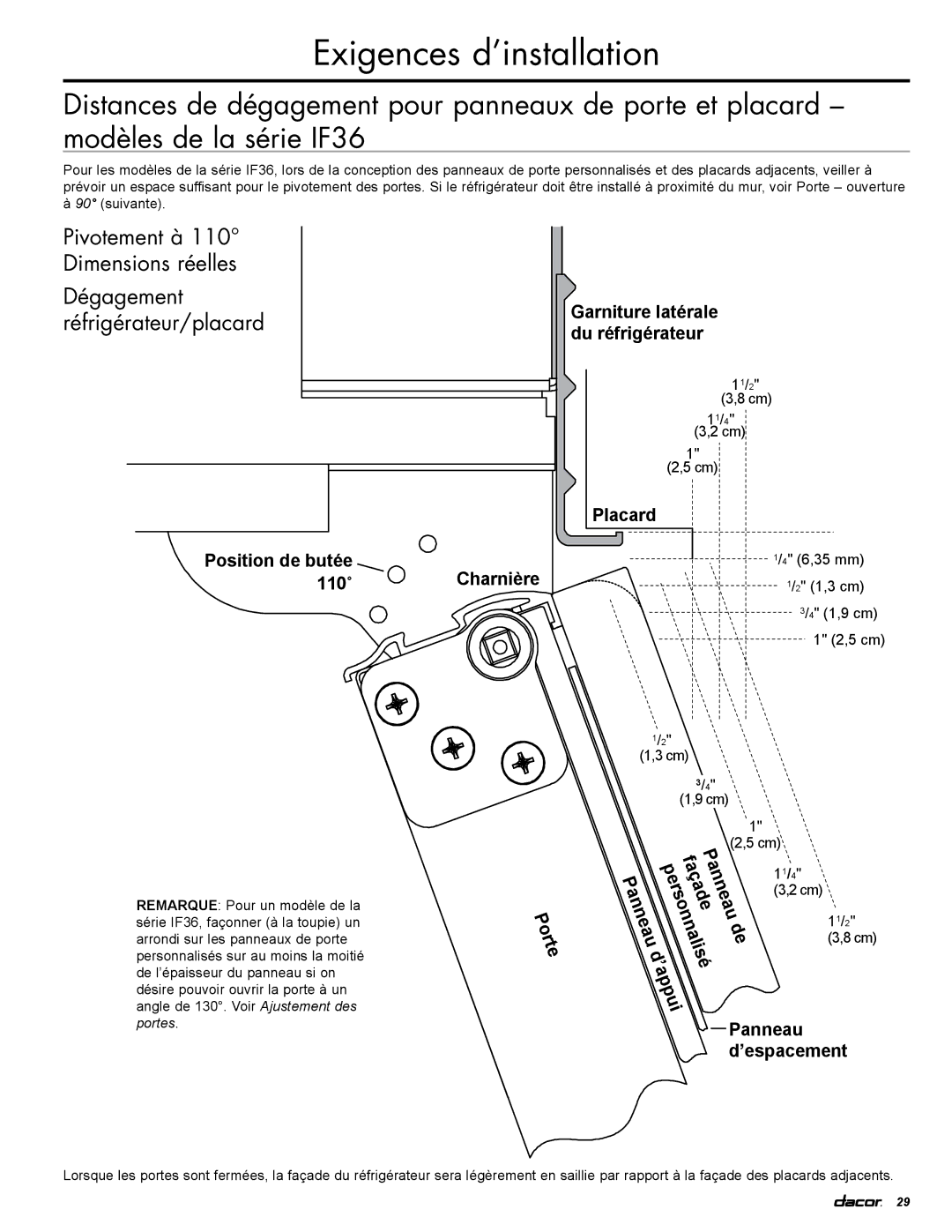 Dacor EF36LNBSS, IF36LNBOL, IF36RNBOL, EF36RNBSS manual Dégagement Réfrigérateur/placard, Position de butée 110˚ 