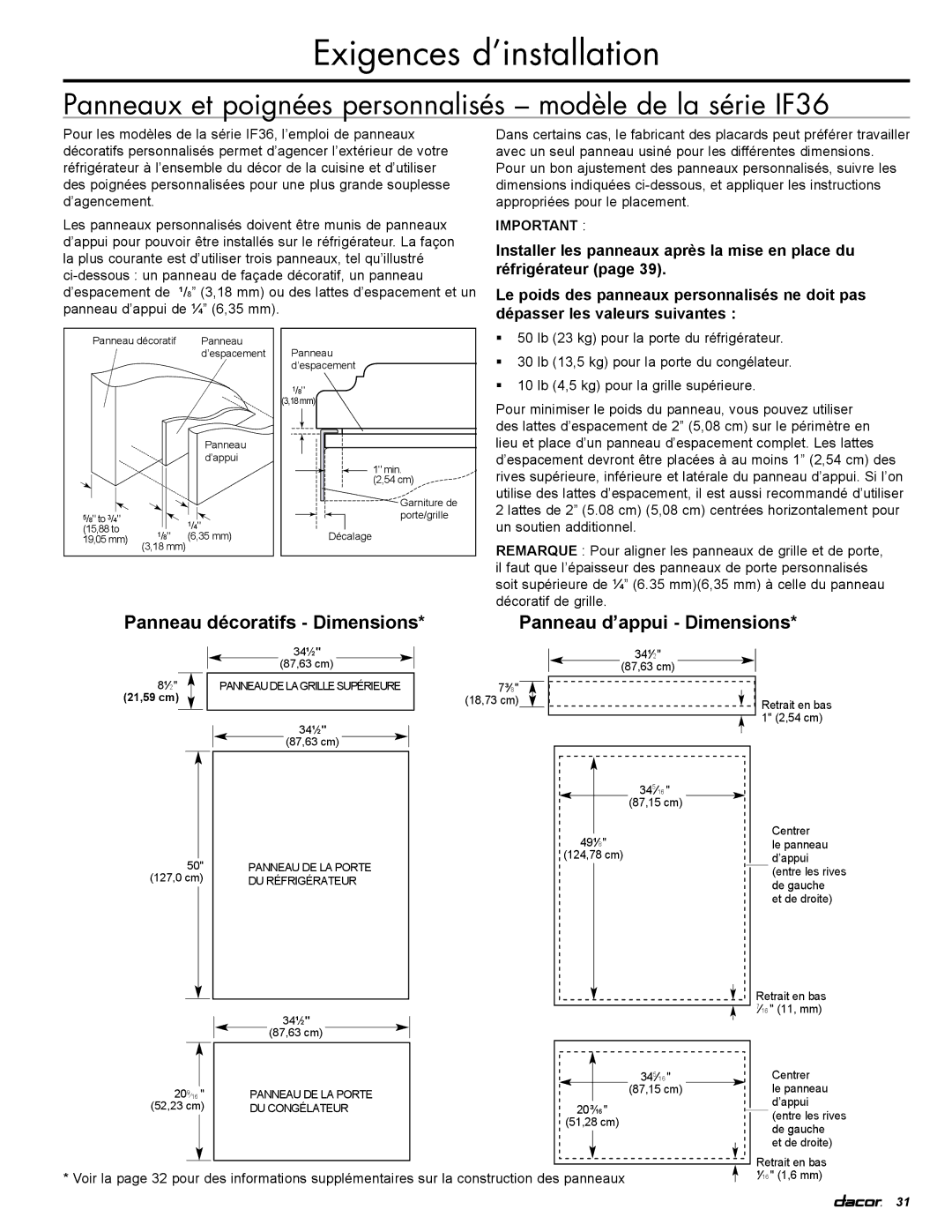 Dacor IF36RNBOL, IF36LNBOL, EF36RNBSS, EF36LNBSS manual Panneaux et poignées personnalisés modèle de la série IF36 