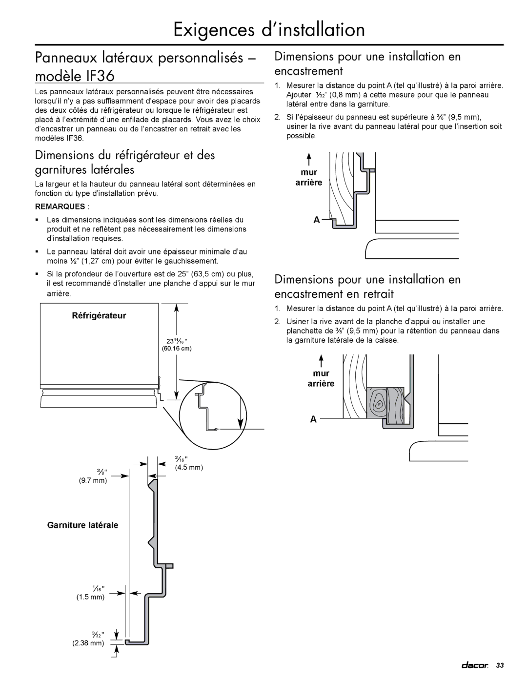 Dacor EF36LNBSS manual Panneaux latéraux personnalisés modèle IF36, Dimensions du réfrigérateur et des garnitures latérales 