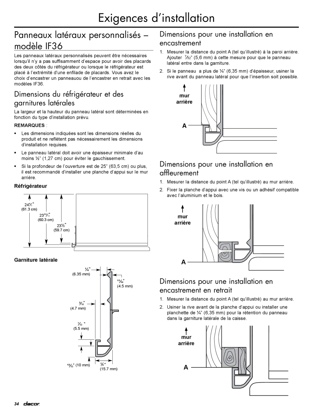 Dacor IF36LNBOL, IF36RNBOL, EF36RNBSS, EF36LNBSS manual Dimensions pour une installation en affleurement 