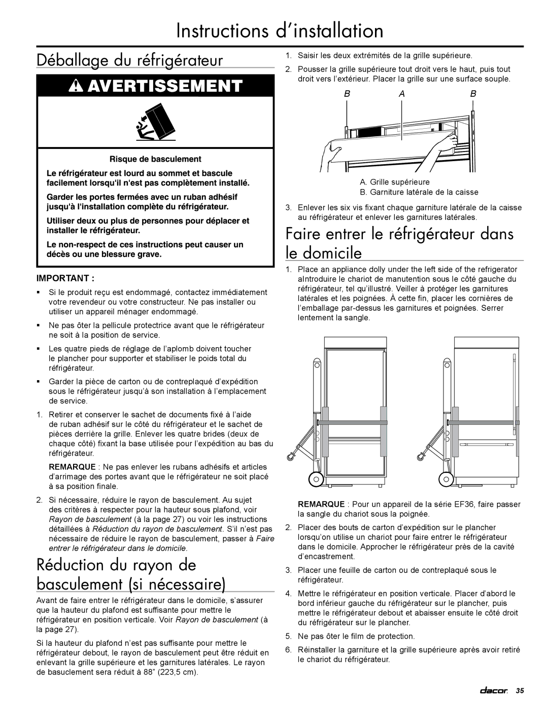 Dacor IF36RNBOL Instructions d’installation, Déballage du réfrigérateur, Faire entrer le réfrigérateur dans le domicile 