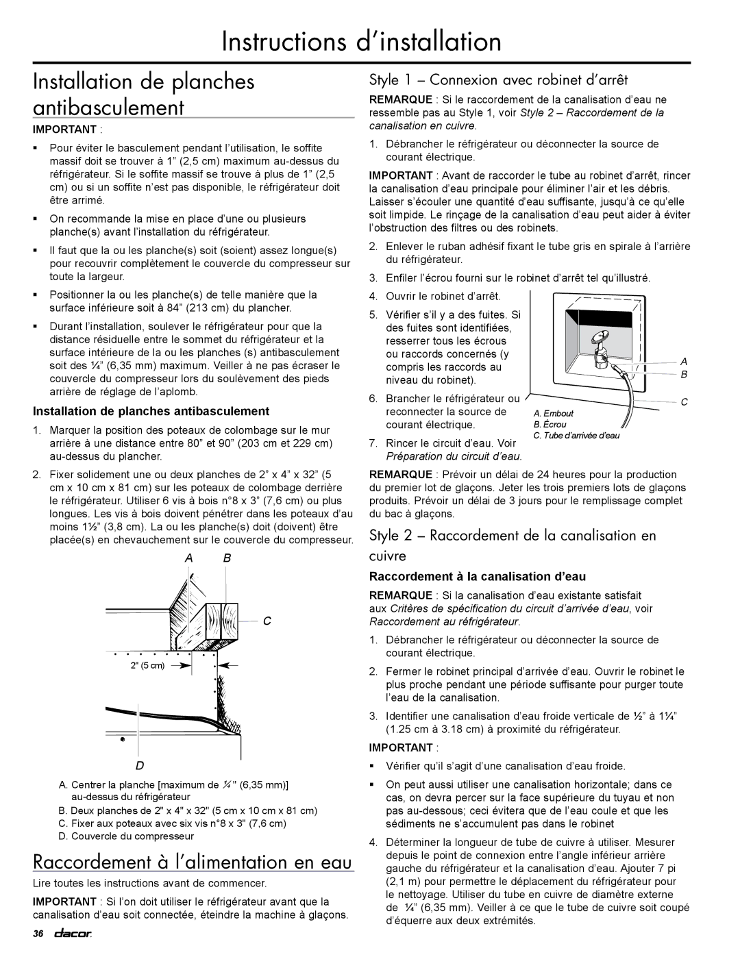 Dacor EF36RNBSS, IF36LNBOL, IF36RNBOL manual Installation de planches antibasculement, Raccordement à la canalisation d’eau 