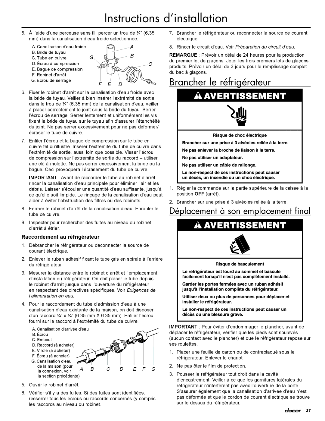 Dacor EF36LNBSS, IF36LNBOL, IF36RNBOL, EF36RNBSS manual Brancher le réfrigérateur, Raccordement au réfrigérateur 