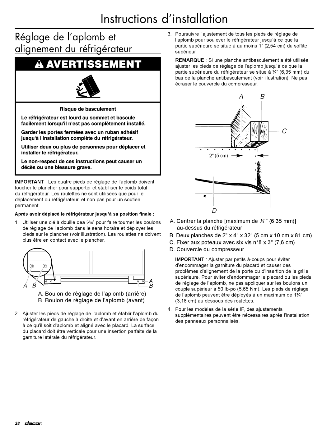 Dacor IF36LNBOL, IF36RNBOL, EF36RNBSS, EF36LNBSS manual Réglage de l’aplomb et alignement du réfrigérateur 