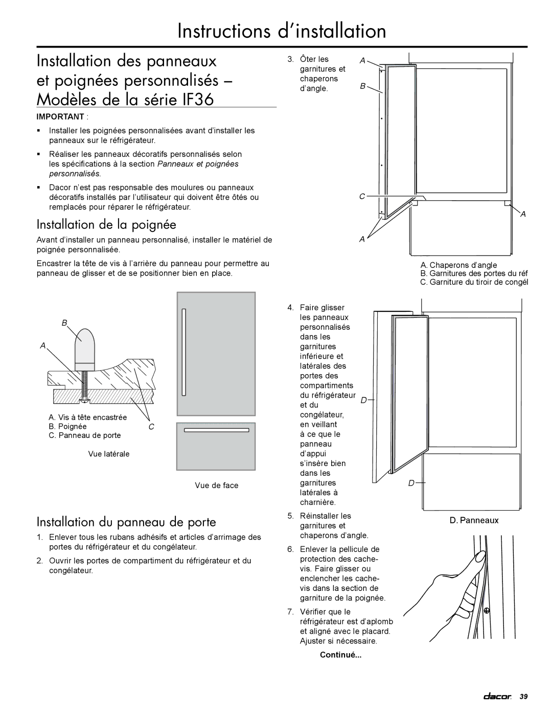 Dacor IF36RNBOL, IF36LNBOL, EF36RNBSS, EF36LNBSS manual Installation de la poignée, Installation du panneau de porte 