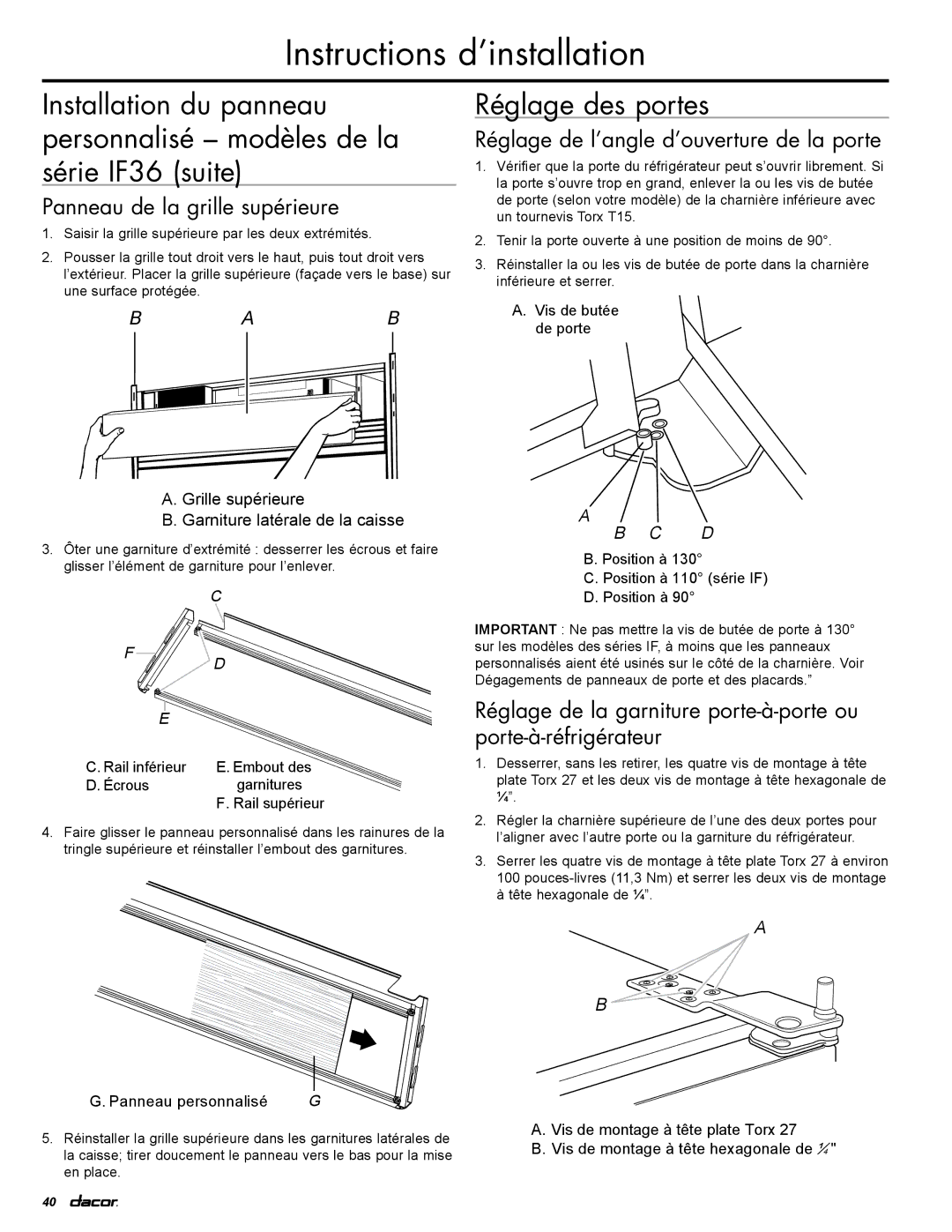 Dacor EF36RNBSS, IF36LNBOL Réglage des portes, Panneau de la grille supérieure, Réglage de l’angle d’ouverture de la porte 