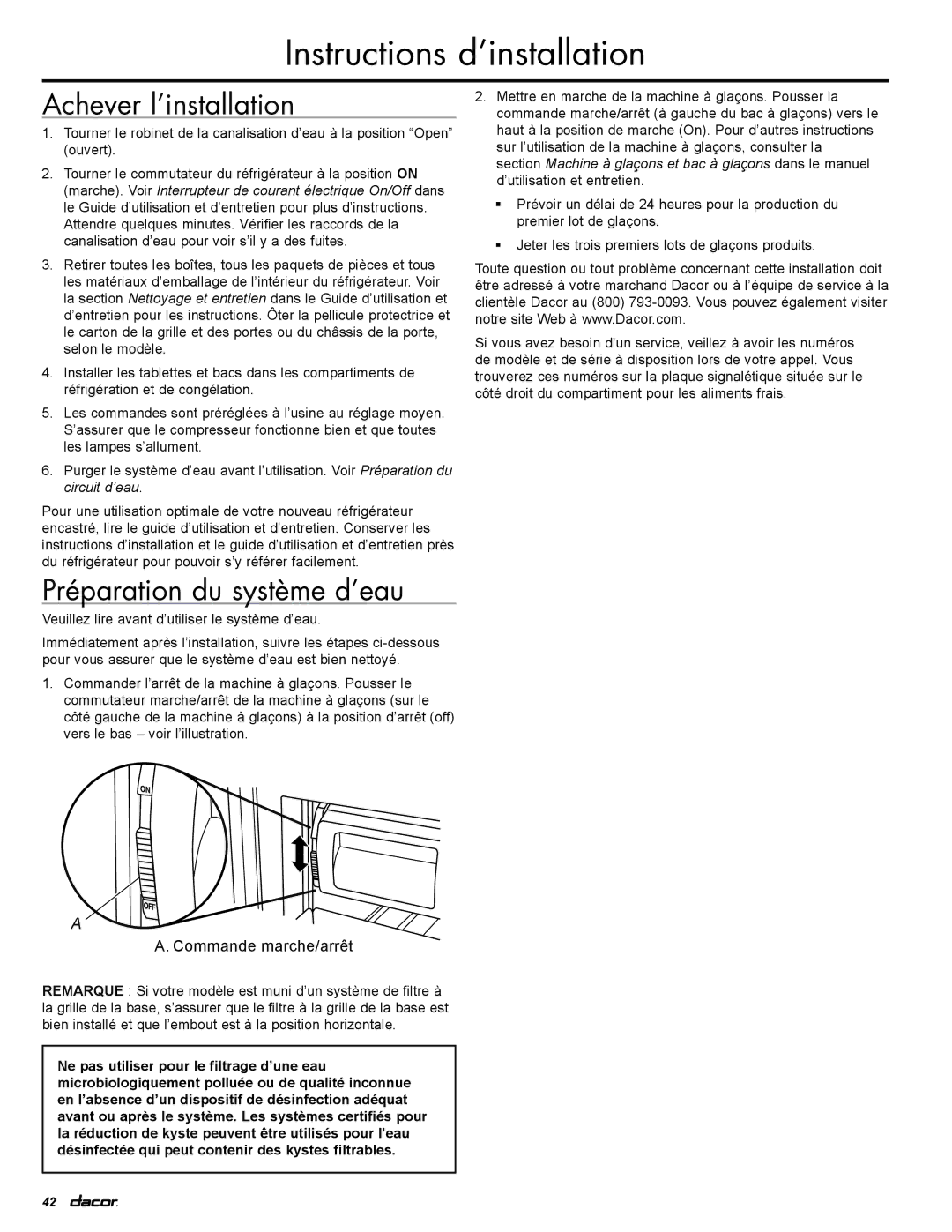 Dacor IF36LNBOL, IF36RNBOL, EF36RNBSS, EF36LNBSS manual Achever l’installation, Préparation du système d’eau 