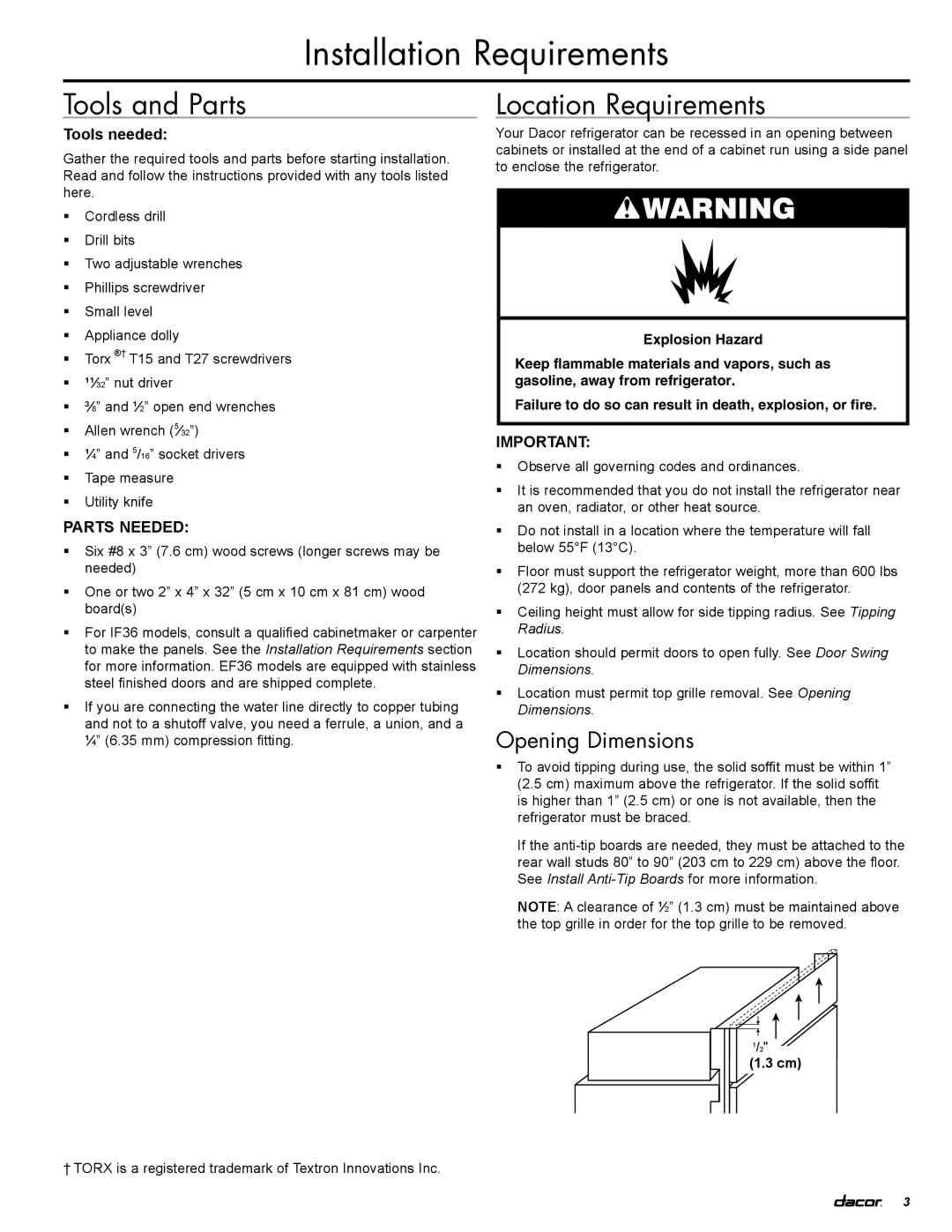 Dacor IF36RNBOL manual Installation Requirements, Tools and Parts, Location Requirements, Opening Dimensions, Tools needed 