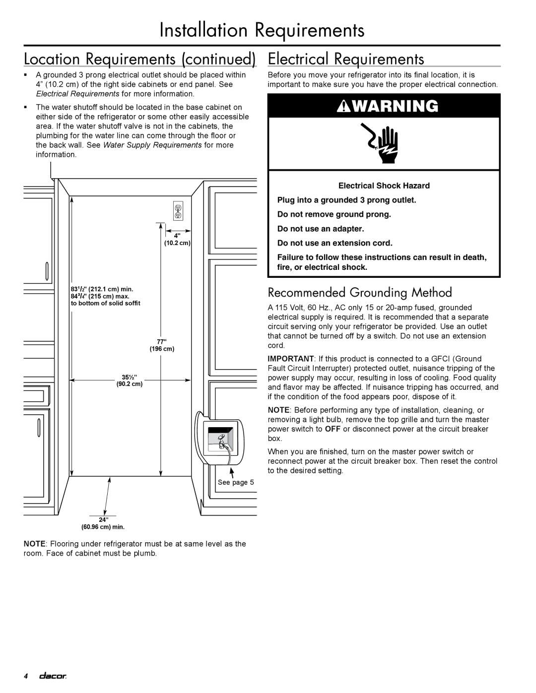 Dacor EF36RNBSS, IF36LNBOL, IF36RNBOL manual Electrical Requirements, Location Requirements, Recommended Grounding Method 