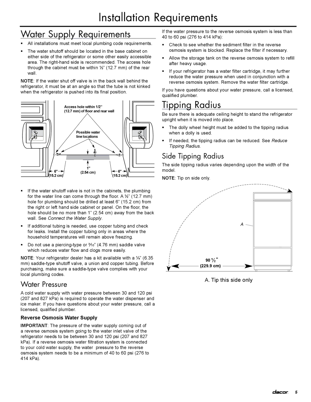 Dacor EF36LNBSS manual Water Supply Requirements, Water Pressure, Side Tipping Radius, Reverse Osmosis Water Supply 