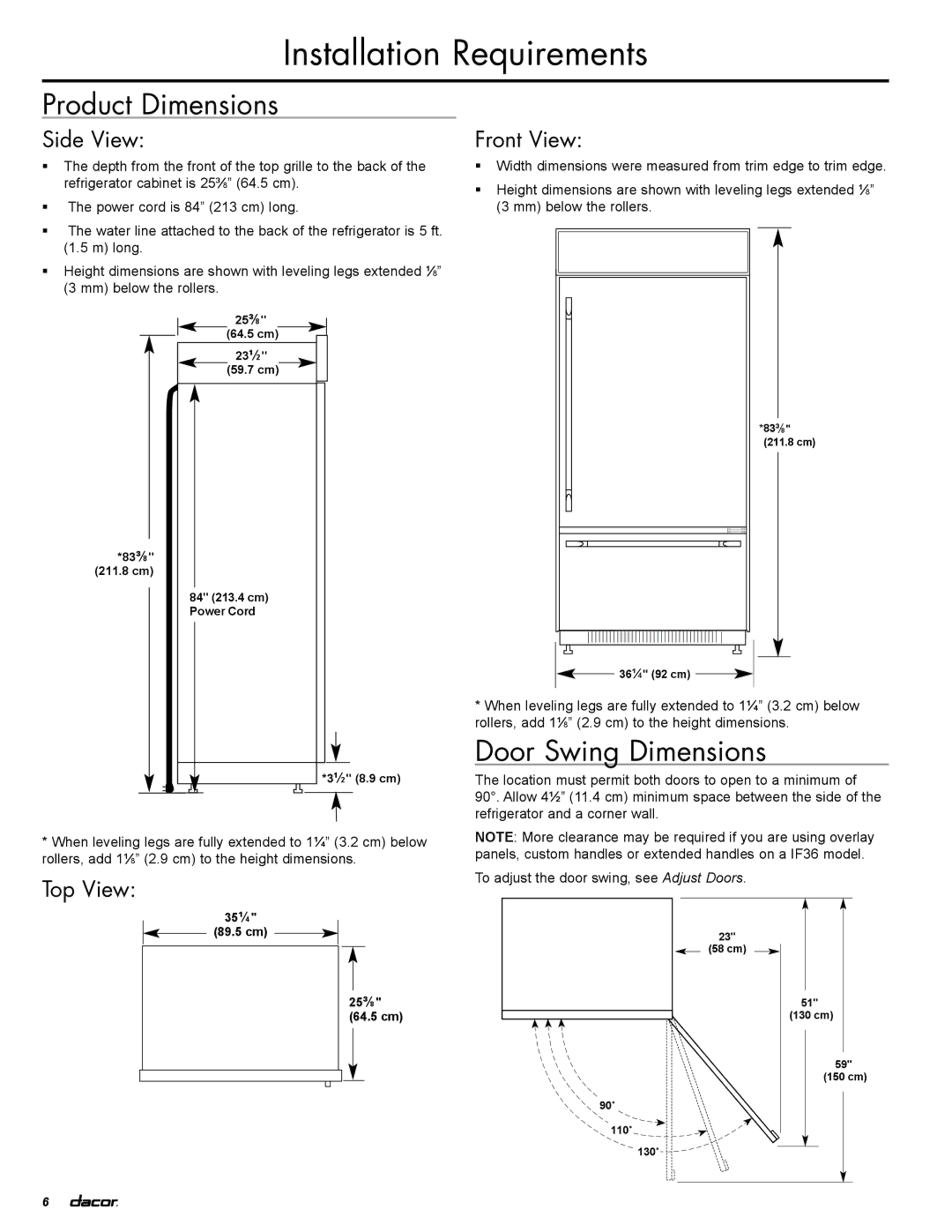 Dacor IF36LNBOL, IF36RNBOL, EF36RNBSS, EF36LNBSS Product Dimensions, Door Swing Dimensions, Side View, Top View, Front View 