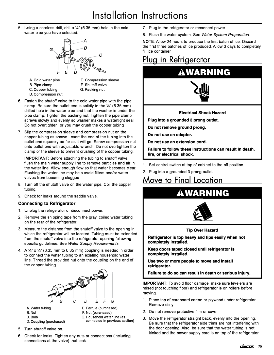 Dacor IF36RNBOL Plug in Refrigerator, Move to Final Location, Installation Instructions, Connecting to Refrigerator, E F G 